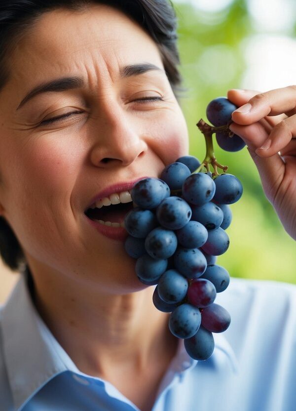 Uma pessoa com gastrite comendo uvas sem desconforto