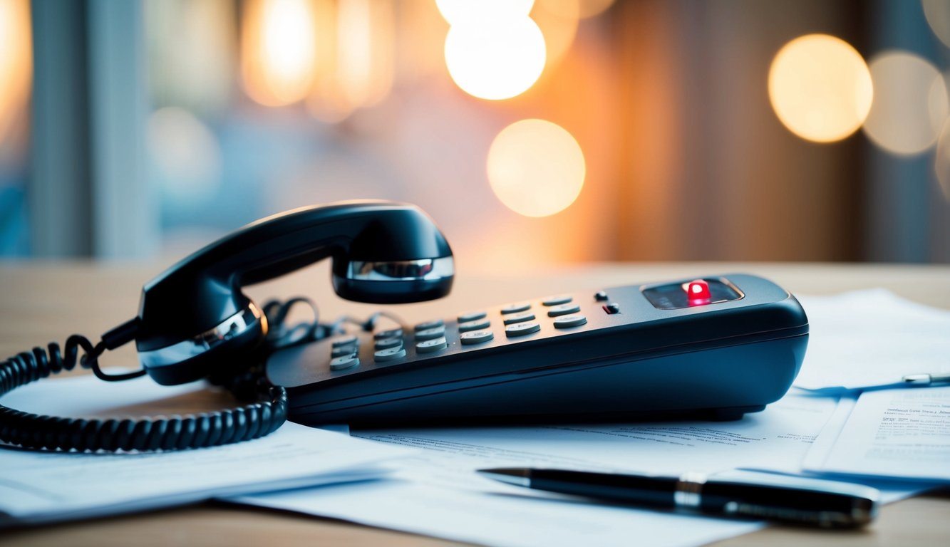 Um telefone fora do gancho com uma luz vermelha piscando, cercado por papéis espalhados e uma caneta