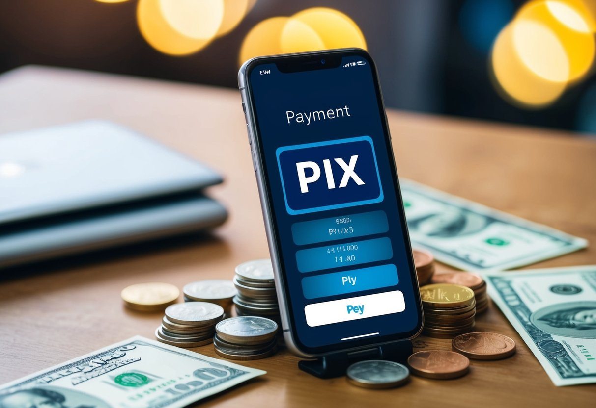 Uma mesa com um smartphone exibindo um aplicativo de pagamento Pix, cercado por moedas e notas