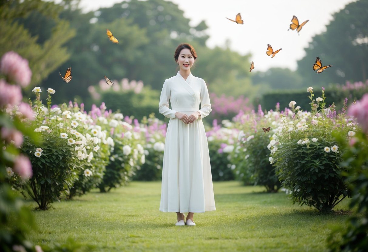 Ju Kyung está sozinha em um jardim sereno, cercada por flores em flor e borboletas a voar.