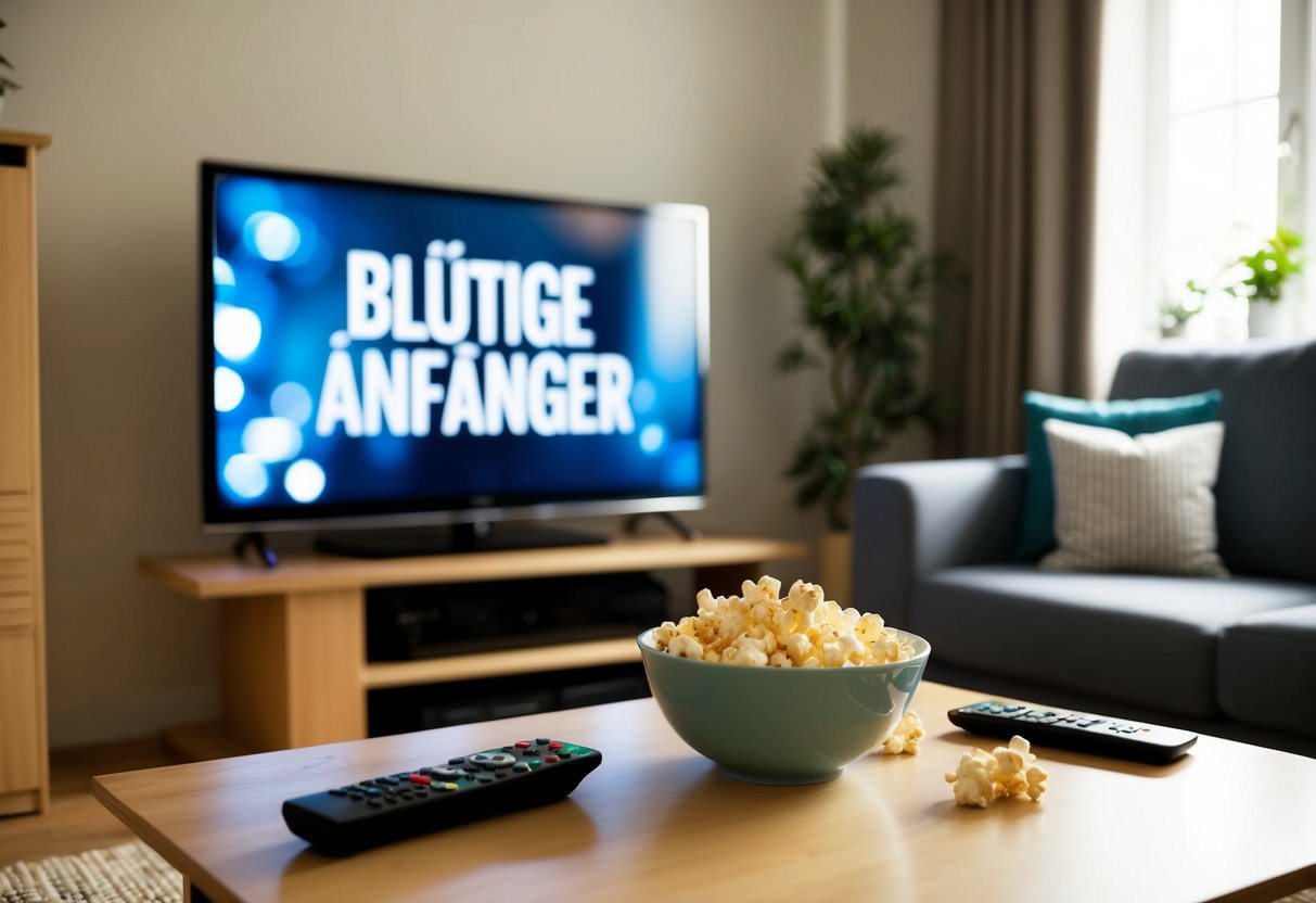 Uma sala de estar aconchegante com uma TV exibindo "Blutige Anfänger" em um suporte. Uma tigela de pipoca e um controle remoto na mesa de centro.