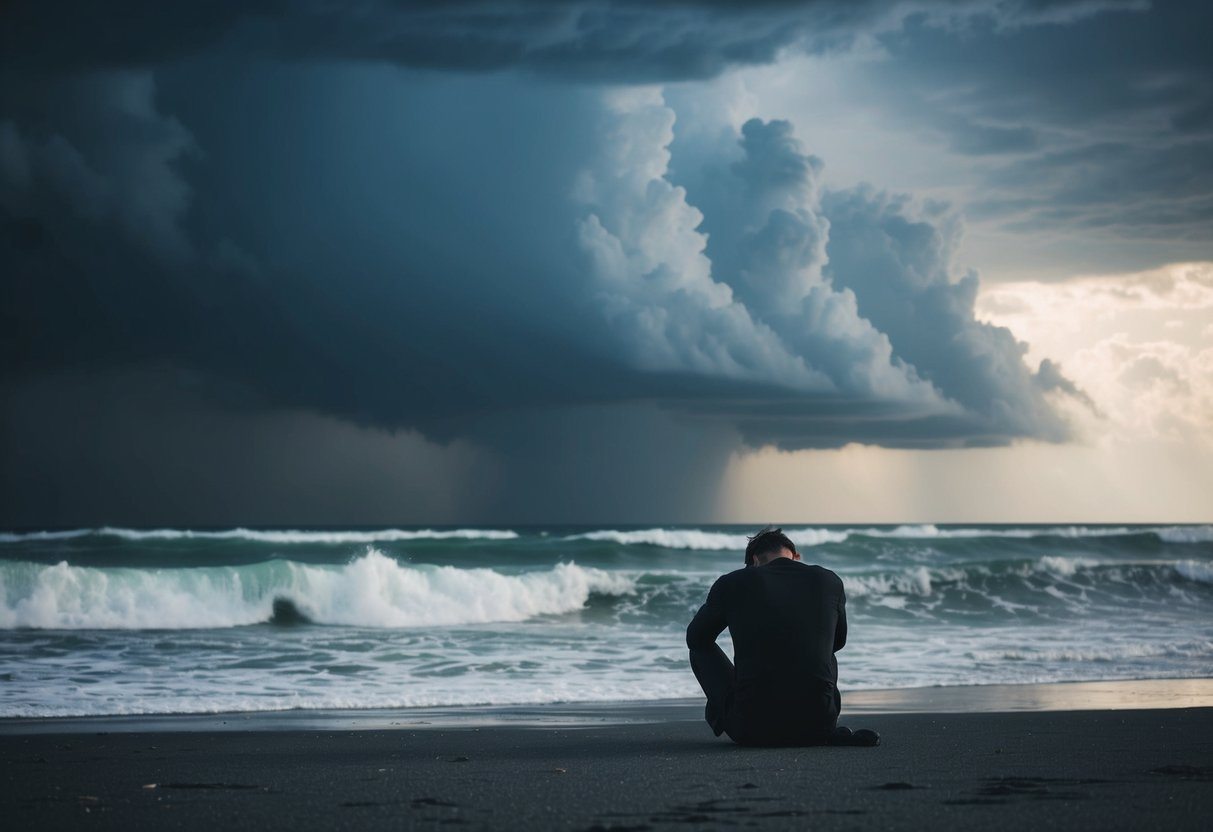 Uma figura solitária senta-se em uma praia desolada, com a cabeça entre as mãos, enquanto as ondas se quebram na costa. Nuvens escuras de tempestade pairam sobre a cabeça, refletindo a turbulência interior.