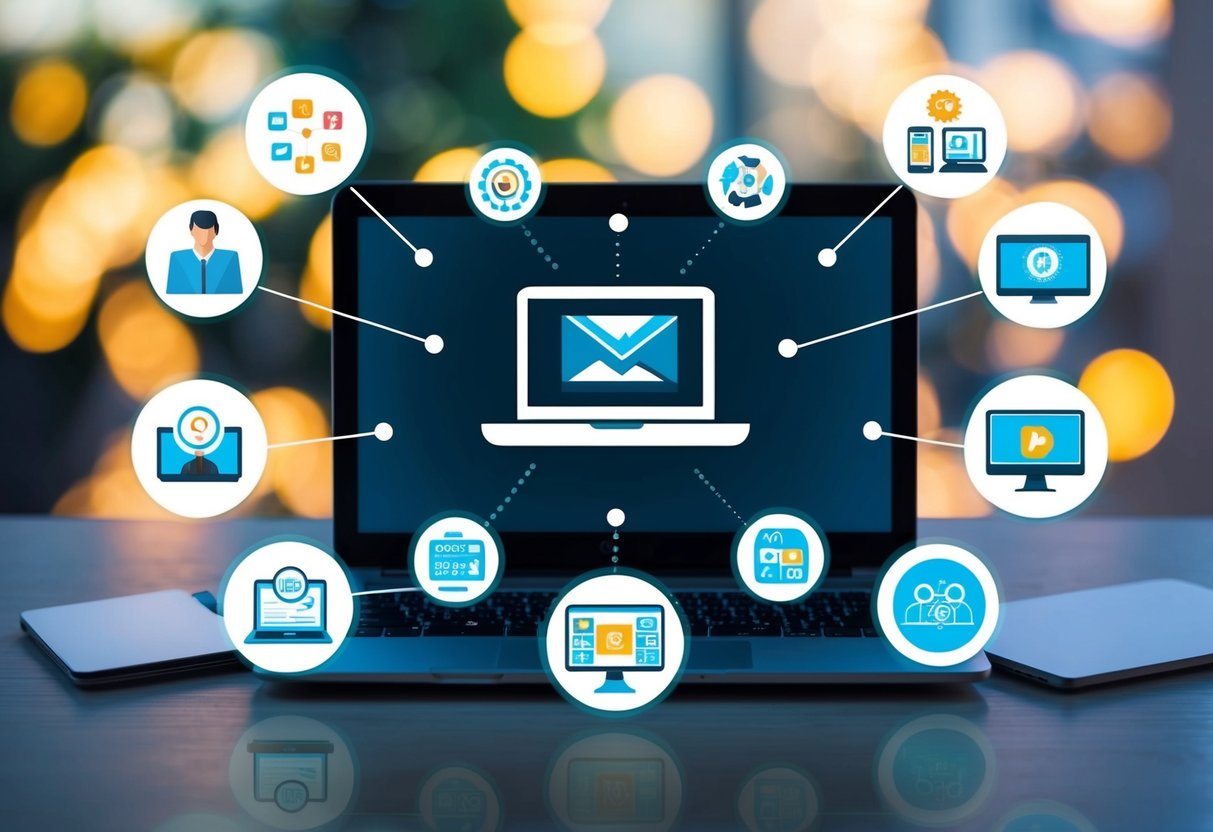 Um laptop cercado por vários ícones representando diferentes oportunidades de ganhar dinheiro online, como freelancing, e-commerce e marketing digital.