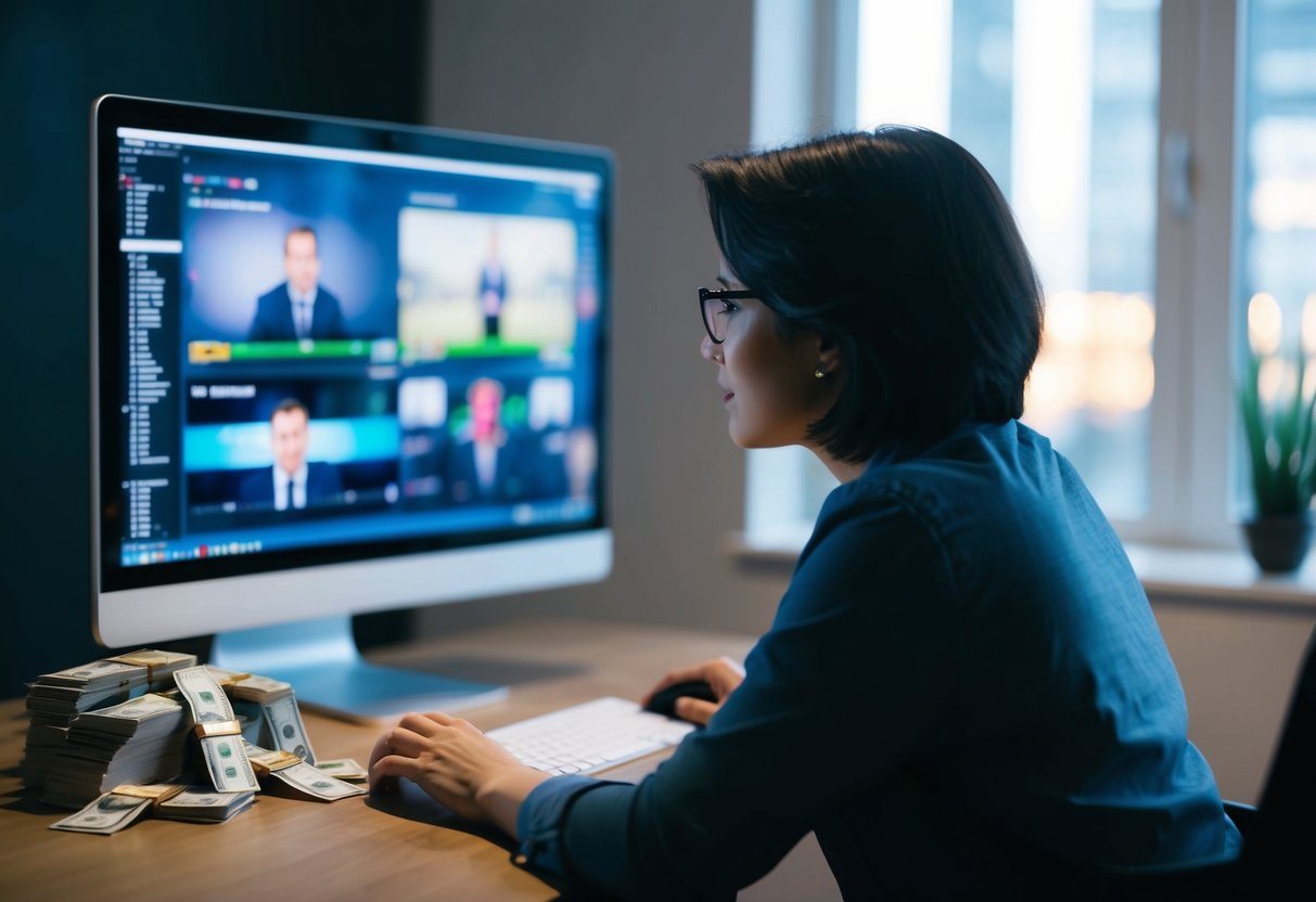 Uma pessoa sentada em frente a um computador, assistindo a vídeos na tela com uma expressão de concentração e interesse. Uma pilha de dinheiro cresce ao lado dela.