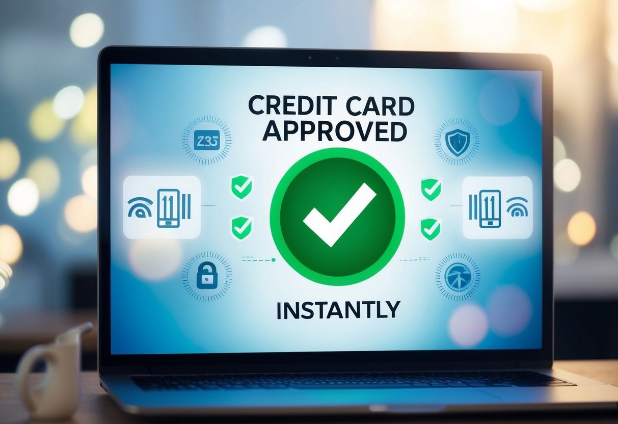 Uma tela de computador exibindo um checkmark verde com as palavras "cartão de crédito aprovado instantaneamente" cercado por símbolos de segurança digital.