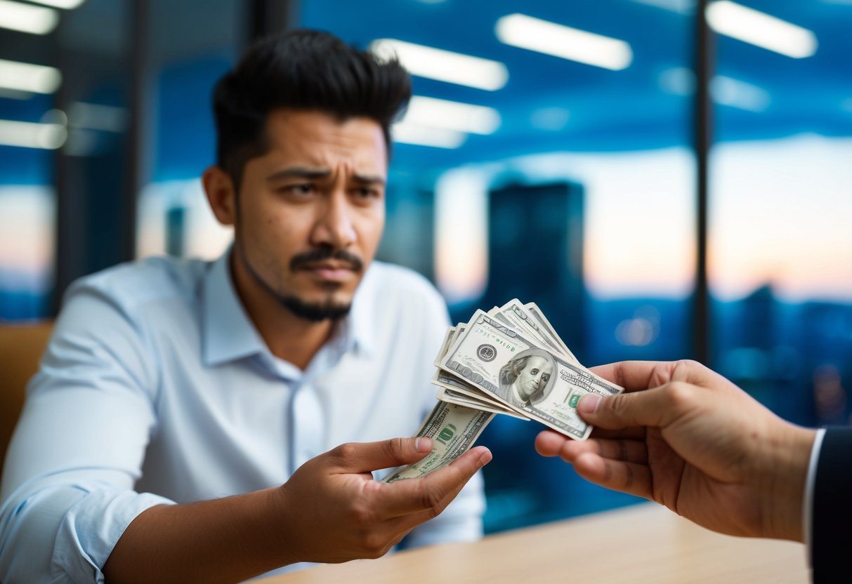 Uma pessoa com uma expressão de descontentamento recebendo dinheiro instantaneamente, apesar de ser marcada como um risco de crédito.