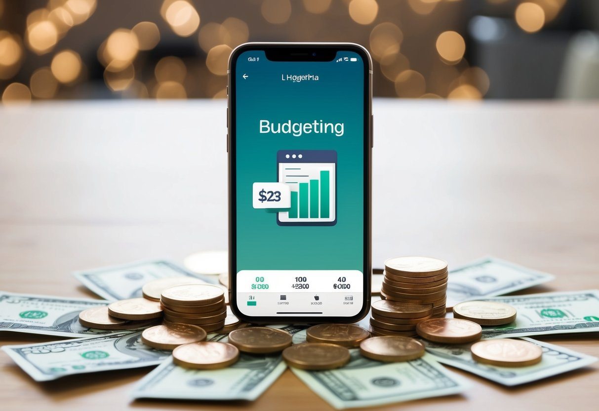 Um smartphone com um aplicativo de orçamento aberto, cercado por moedas e notas espalhadas.