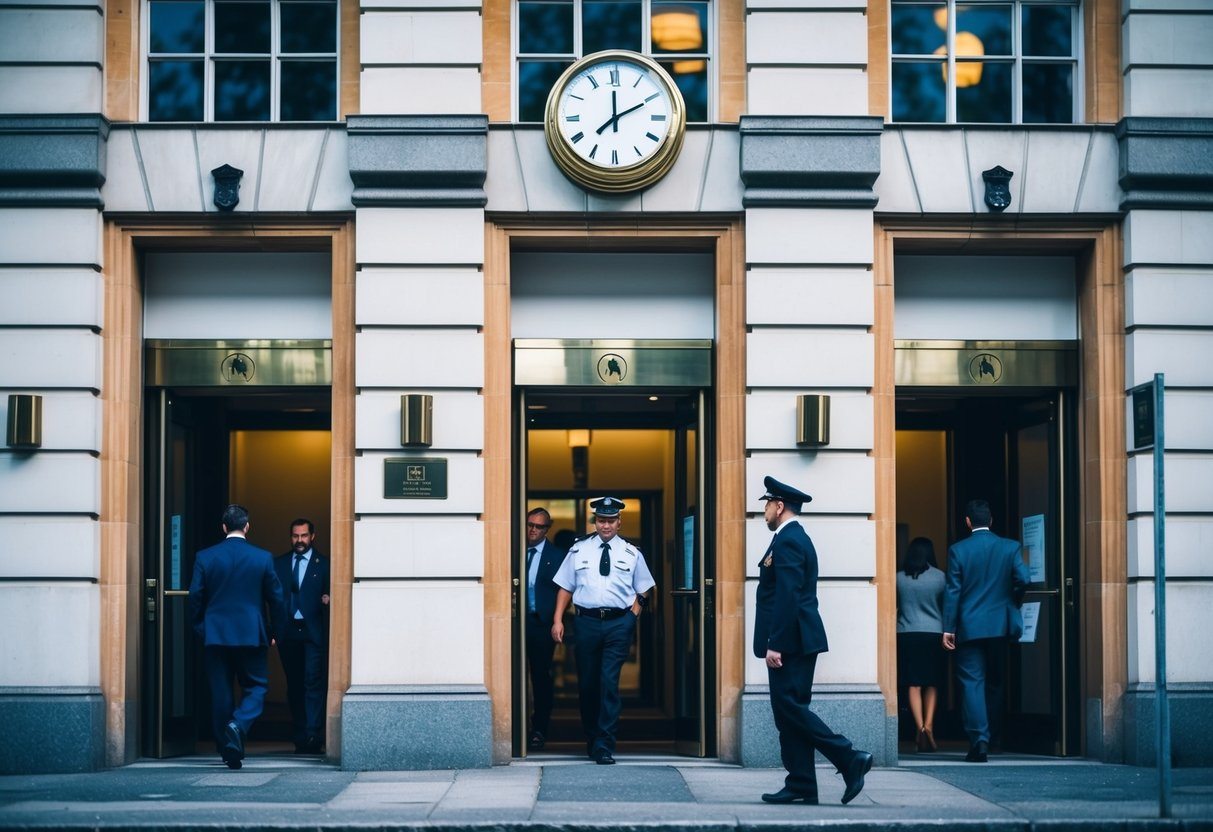 Prédios de bancos com portas abertas e pessoas entrando. Relógio mostrando o horário comercial. Segurança na entrada.