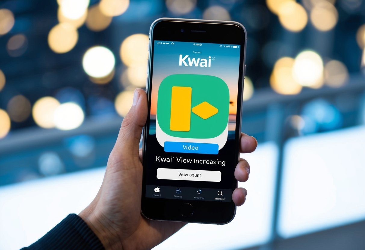 Um smartphone exibindo o aplicativo Kwai com um vídeo sendo reproduzido e a contagem de visualizações aumentando constantemente