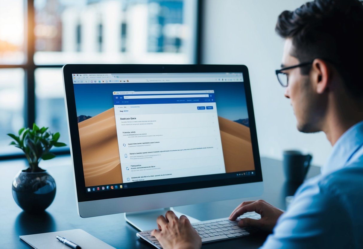 Uma pessoa usando um computador para pesquisar referências de sites, com abas de navegador abertas e uma barra de pesquisa visível.
