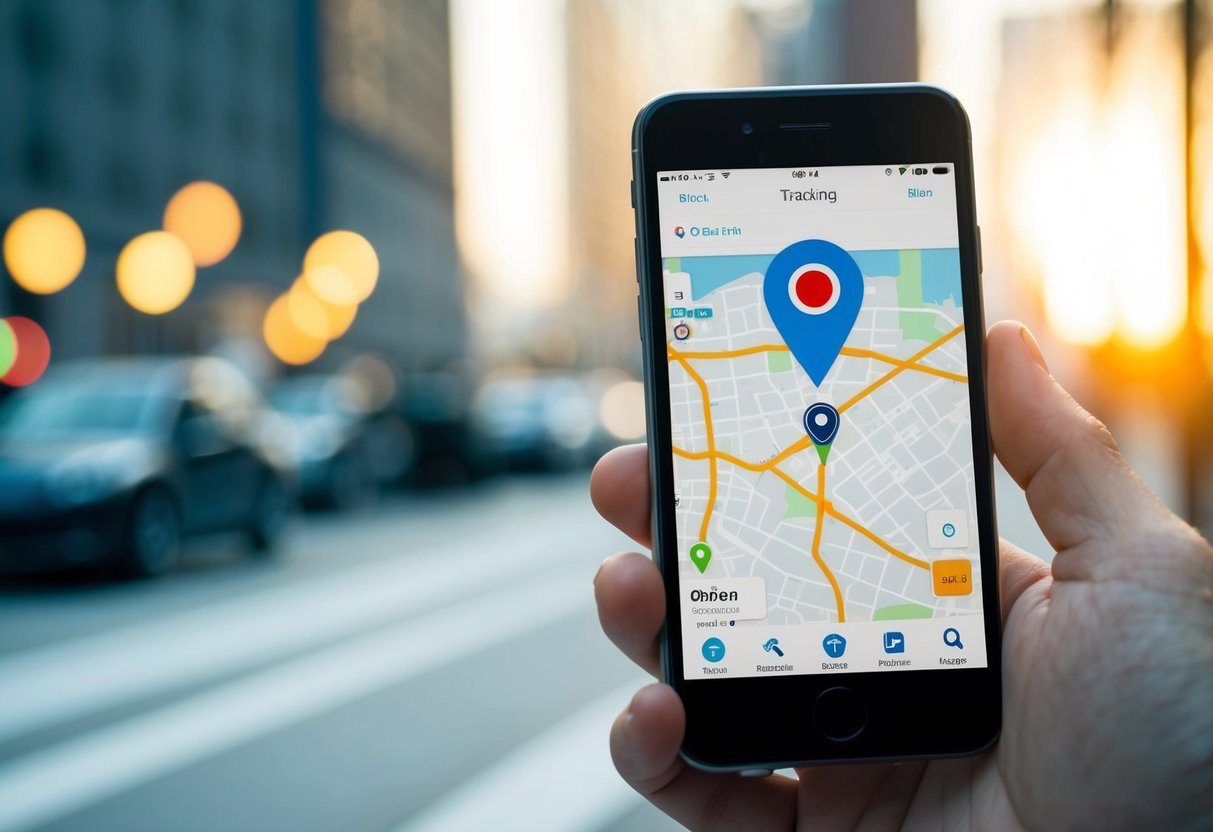 Um smartphone com um aplicativo de rastreamento aberto, exibindo um mapa com um marcador de localização piscando.
