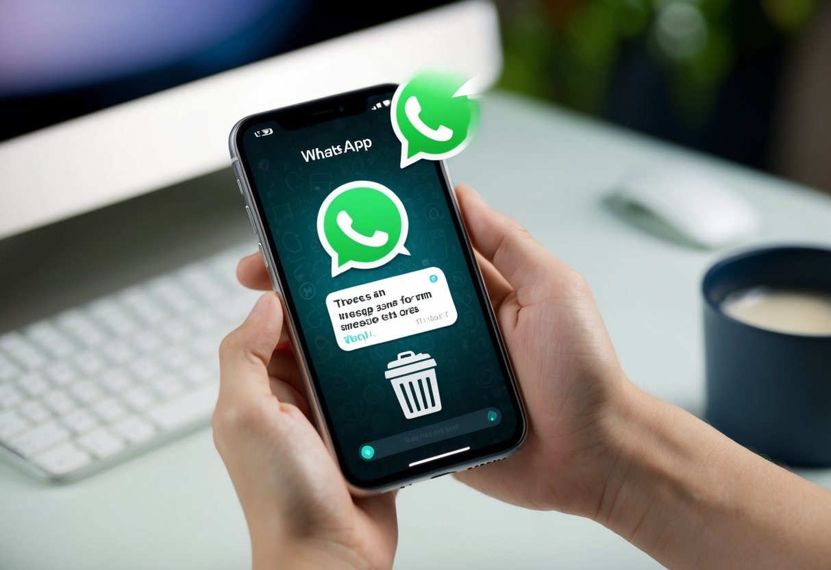 Um smartphone com um chat do WhatsApp aberto, um ícone de lixeira e uma mensagem sendo restaurada da lixeira