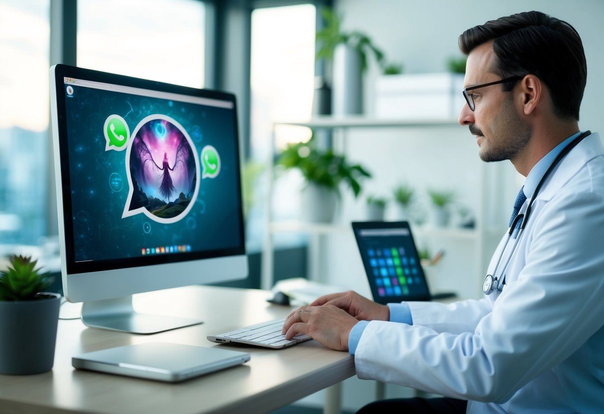 Um consultório médico com um computador exibindo um chat do WhatsApp web com tema de fantasia