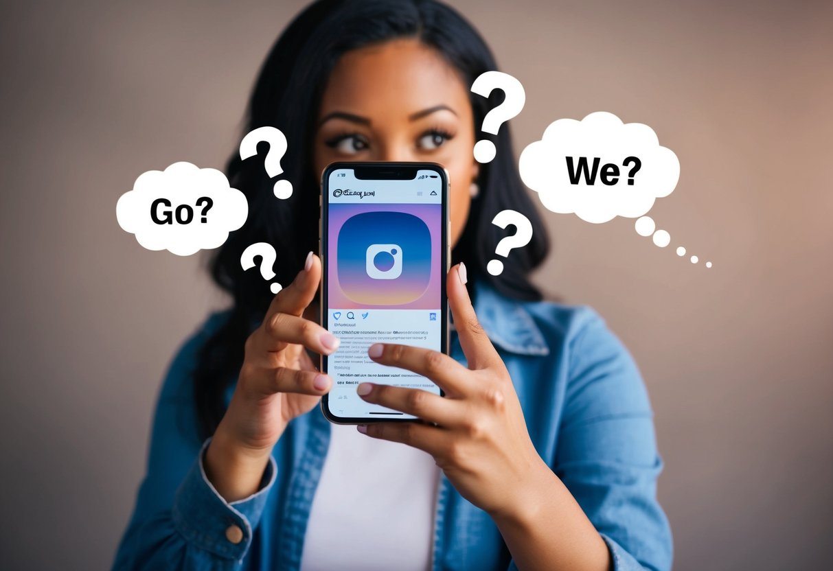 Uma pessoa olhando para o celular com um perfil do Instagram aberto, cercada por pontos de interrogação e balões de pensamento.