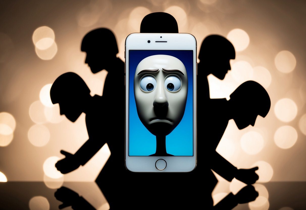Um smartphone com uma expressão perplexa, cercado por figuras sombrias representando potenciais hackers