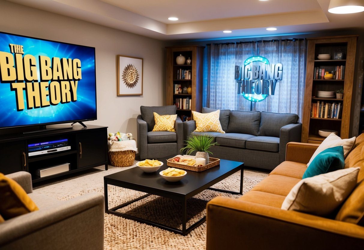 Uma sala de estar com uma TV exibindo The Big Bang Theory, cercada por assentos confortáveis e petiscos
