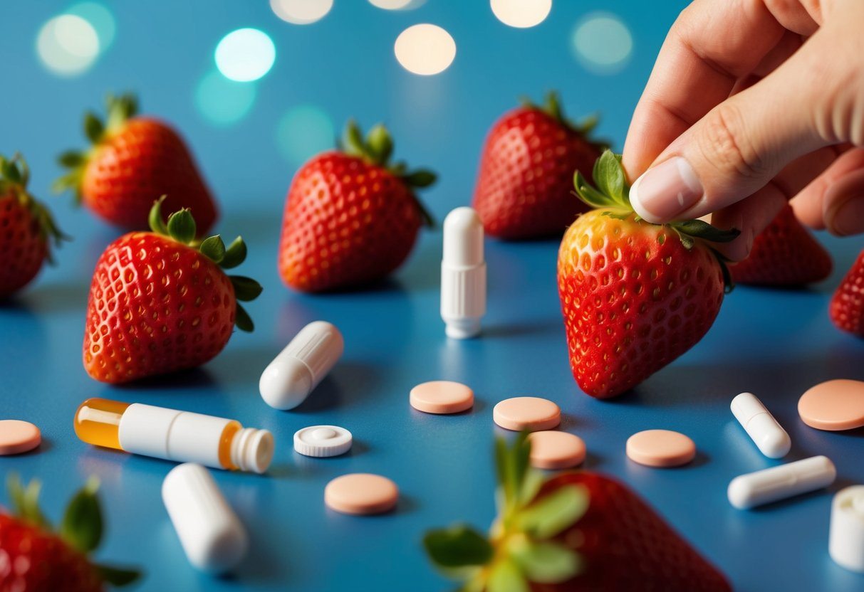 Uma ilustração colorida de morangos sendo cuidadosamente evitados, enquanto um medicamento para alergia está sendo tomado.