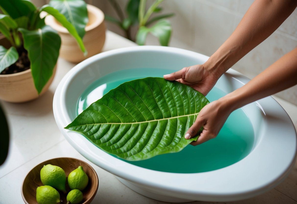 Uma pessoa prepara e utiliza um banho de assento com folhas de goiaba em um ambiente de banheiro sereno, com uma tigela de água e folhas de goiaba frescas.