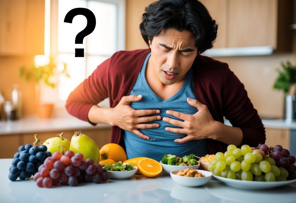 Uma pessoa com uma expressão de dor segurando o estômago, cercada por uma variedade de alimentos, incluindo uvas, enquanto um ponto de interrogação paira acima de sua cabeça.