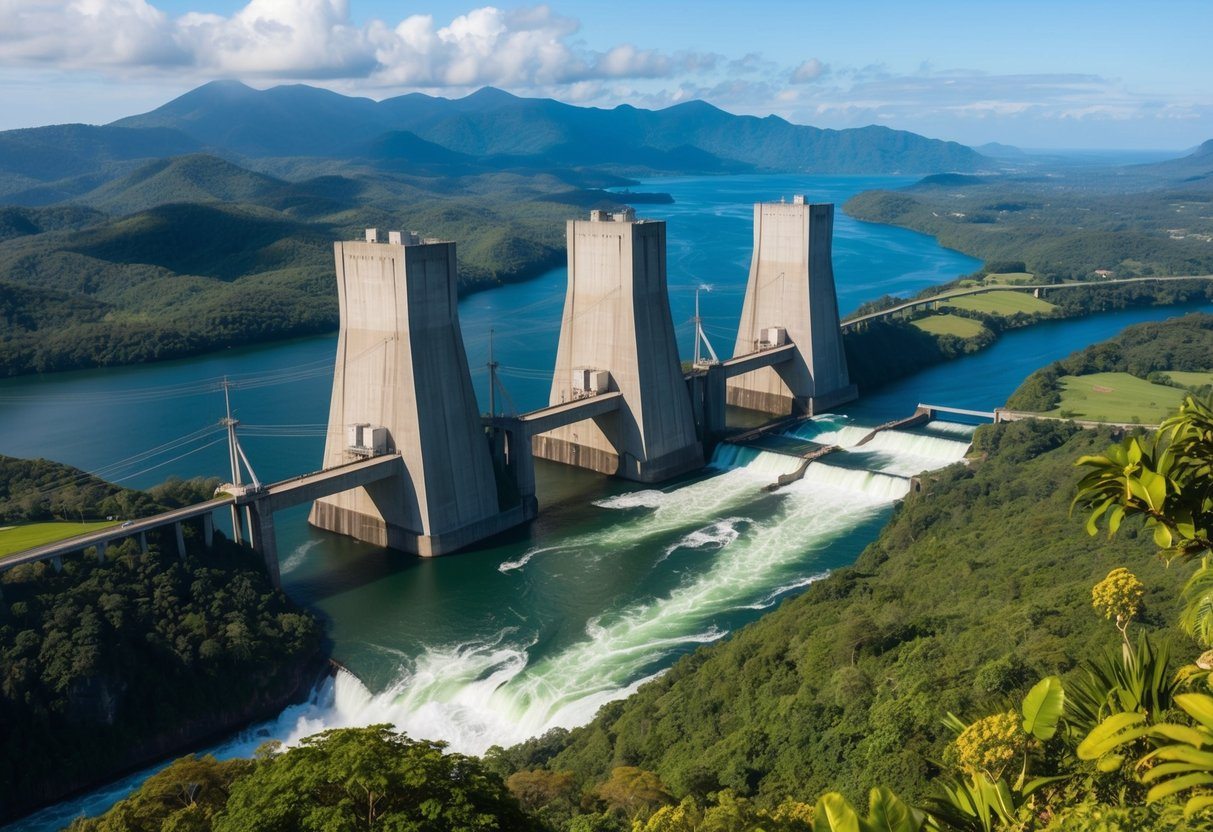 Uma paisagem brasileira exuberante com represas hidrelétricas imponentes aproveitando a força de rios turbulentos, cercada por uma flora e fauna diversas.