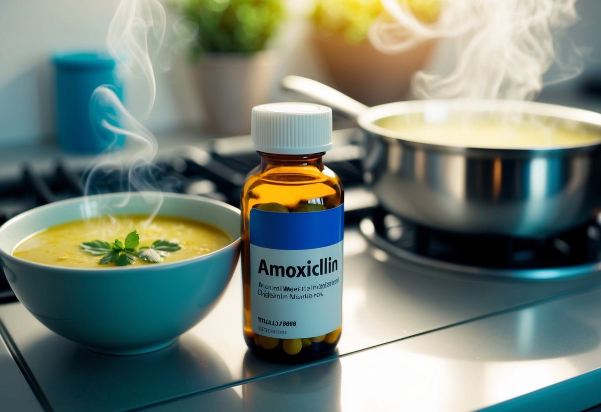 Uma garrafa de amoxicilina ao lado de uma tigela de sopa fumegante em uma bancada de cozinha