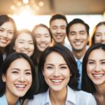 Um grupo de rostos sorridentes expressando felicidade
