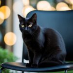 Um gato preto sentado em uma cadeira preta