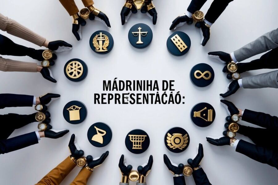 Um grupo de objetos simbólicos dispostos em um círculo, com um item central representando o conceito de "madrinha de representação."