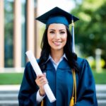 Uma graduada feminina com capelo e toga, segurando um diploma, em pé orgulhosamente.