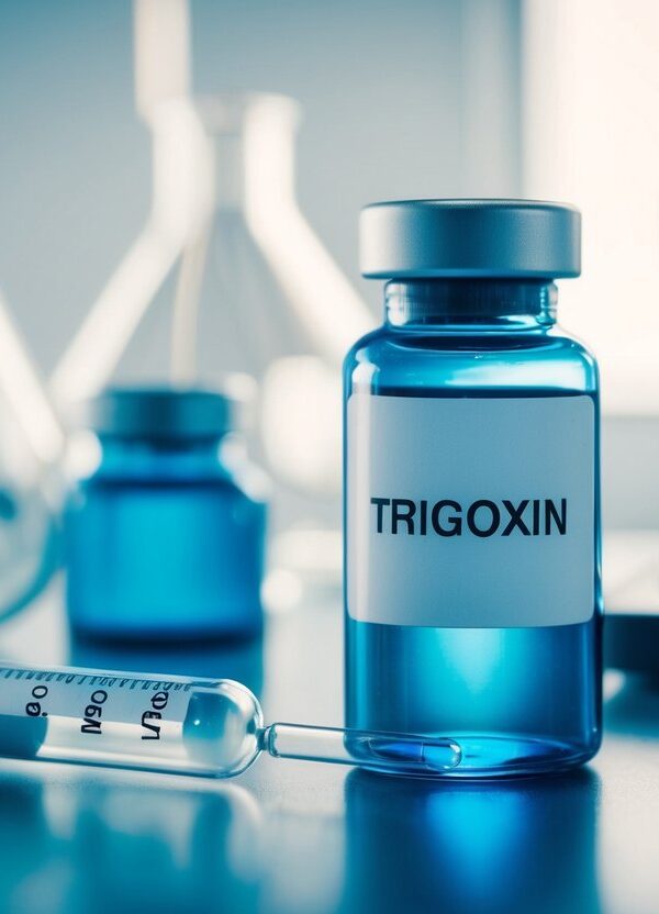 Um ambiente de laboratório com um frasco de trigoxina e equipamentos científicos