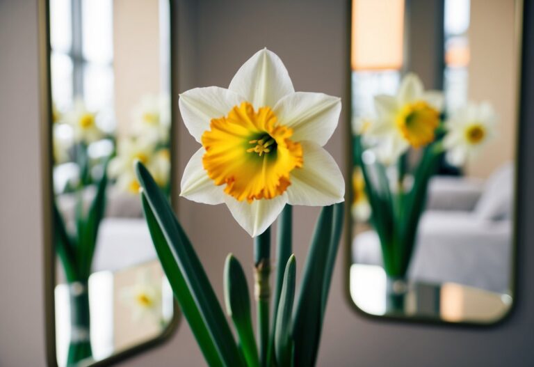 Uma única flor de narciso em flor cercada por espelhos