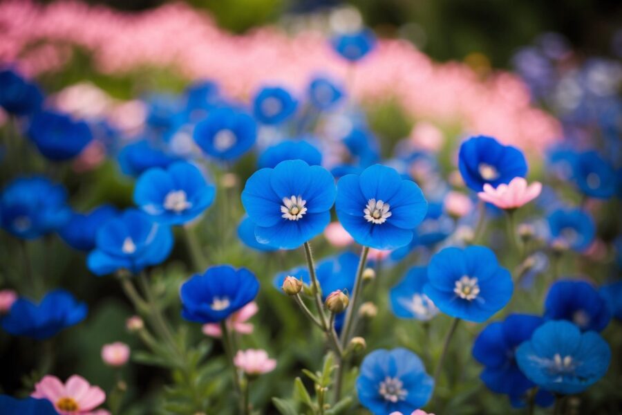 Um jardim de flores azuis e rosas