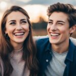 Uma jovem com um sorriso caloroso e olhos gentis, ao lado de seu irmão e rindo juntos.