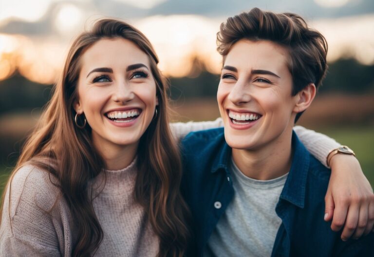 Uma jovem com um sorriso caloroso e olhos gentis, ao lado de seu irmão e rindo juntos.