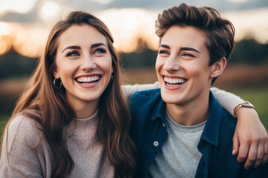 Uma jovem com um sorriso caloroso e olhos gentis, ao lado de seu irmão e rindo juntos.