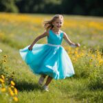O vestido de uma menina jovem esvoaça enquanto ela corre por um campo de flores silvestres.