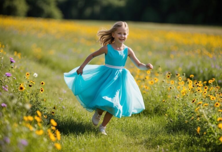 O vestido de uma menina jovem esvoaça enquanto ela corre por um campo de flores silvestres.