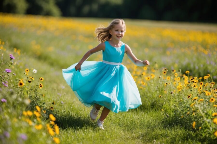 O vestido de uma menina jovem esvoaça enquanto ela corre por um campo de flores silvestres.