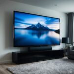 Uma televisão gigante está em uma sala de estar, dominando os móveis e ocupando o espaço.
