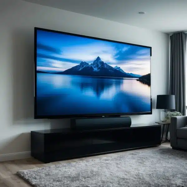 Uma televisão gigante está em uma sala de estar, dominando os móveis e ocupando o espaço.