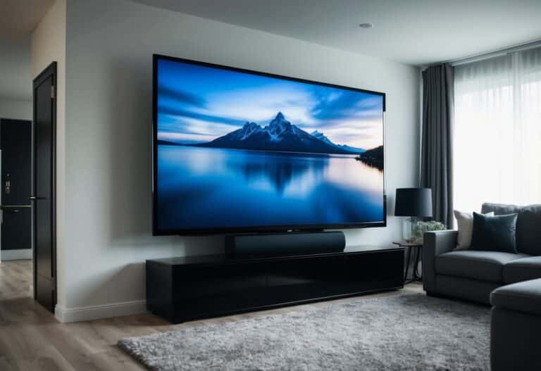 Uma televisão gigante está em uma sala de estar, dominando os móveis e ocupando o espaço.