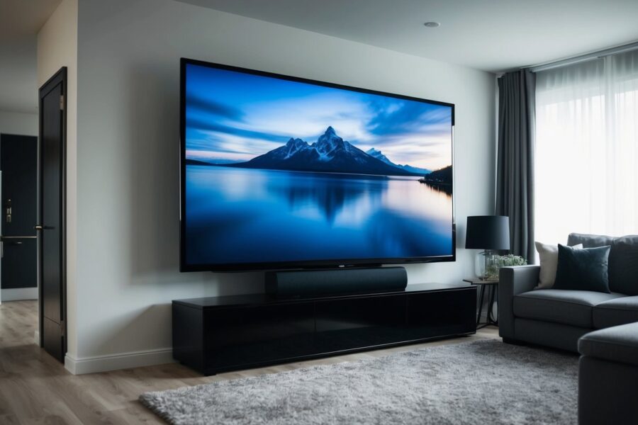 Uma televisão gigante está em uma sala de estar, dominando os móveis e ocupando o espaço.