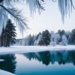 Uma paisagem serena de inverno com um lago congelado, árvores cobertas de neve e pingentes de gelo pendurados nos galhos