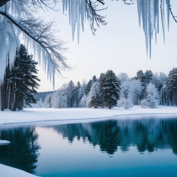 Uma paisagem serena de inverno com um lago congelado, árvores cobertas de neve e pingentes de gelo pendurados nos galhos