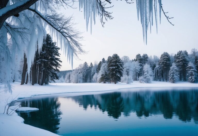 Uma paisagem serena de inverno com um lago congelado, árvores cobertas de neve e pingentes de gelo pendurados nos galhos