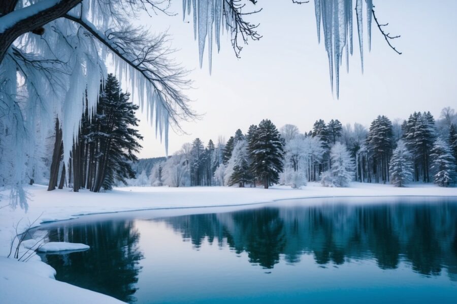 Uma paisagem serena de inverno com um lago congelado, árvores cobertas de neve e pingentes de gelo pendurados nos galhos