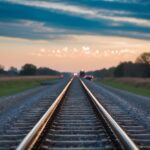 Uma pista reta desaparecendo no horizonte com um trem sobre ela