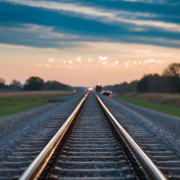 Uma pista reta desaparecendo no horizonte com um trem sobre ela