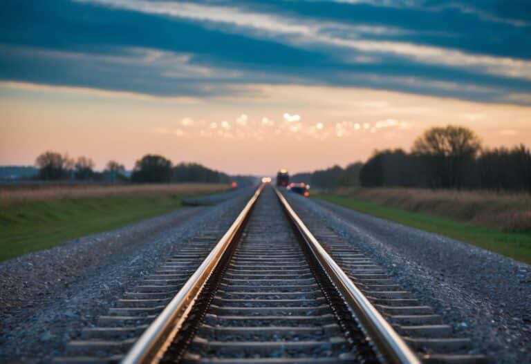 Uma pista reta desaparecendo no horizonte com um trem sobre ela