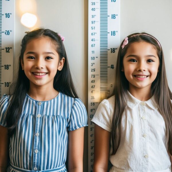 Alturas de duas meninas medidas em um gráfico na parede